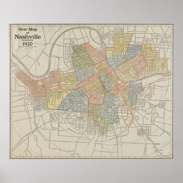 Póster Mapa de época de Nashville Tennessee (1920) (Frente)