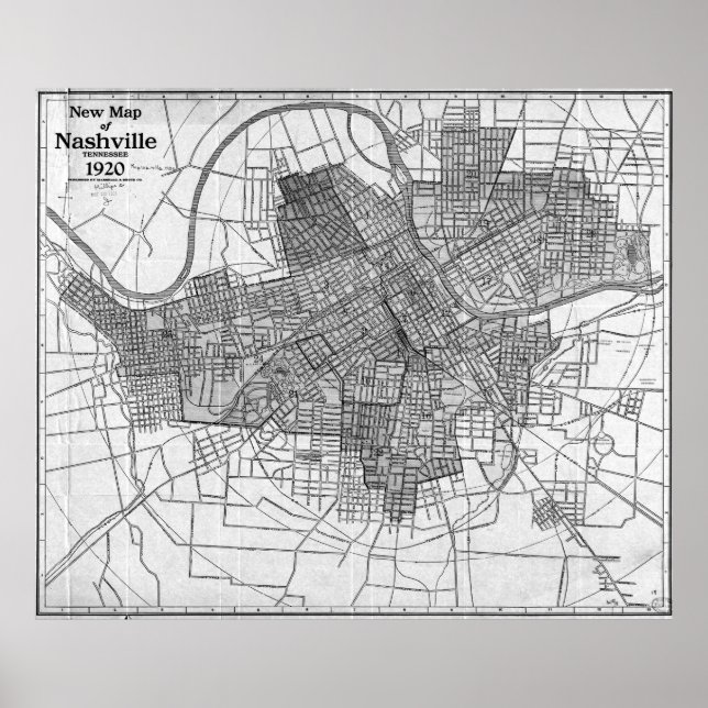 Póster Mapa de época de Nashville Tennessee (1920) BW (Frente)