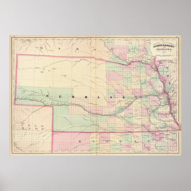 Póster Mapa de época de Nebraska (1874) (Frente)