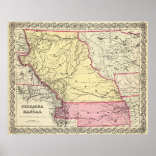 Póster Mapa de época de Nebraska y Kansas (1856)