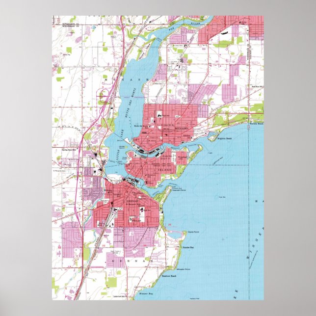 Póster Mapa de época de Neenah Wisconsin (1955) (Frente)