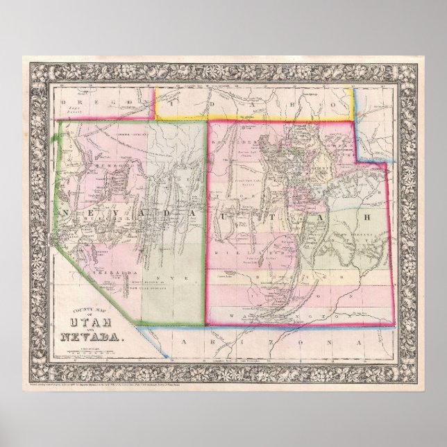 Póster Mapa de época de Nevada y Utah (1866) (Frente)