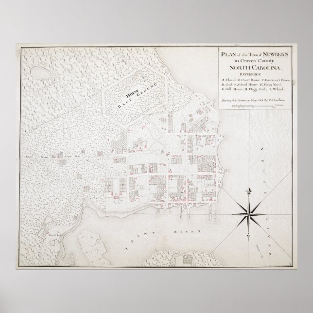 Póster Mapa de época de New Bern NC (1769) (Frente)