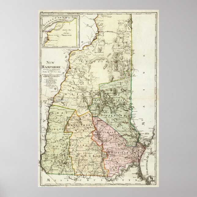 Póster Mapa de época de New Hampshire (1796) (Frente)