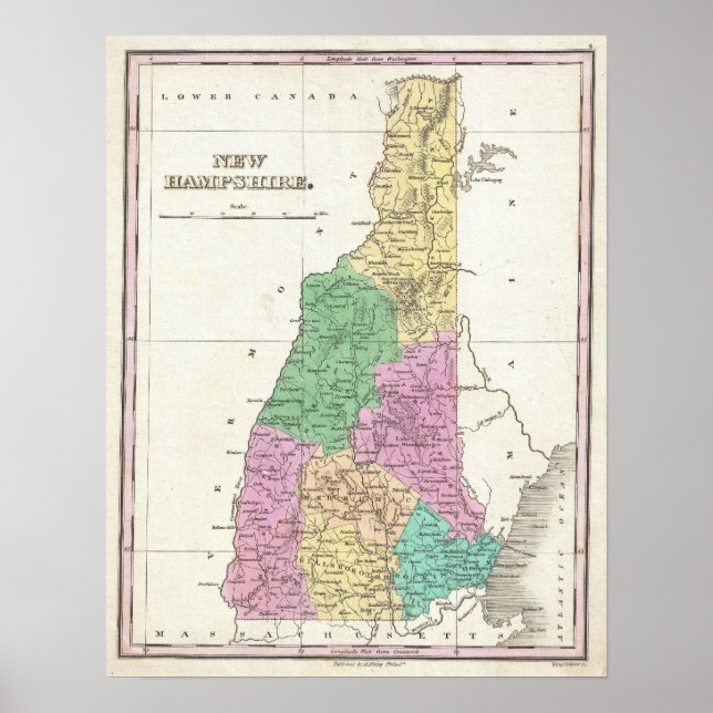 Póster Mapa de época de New Hampshire (1827) (Frente)