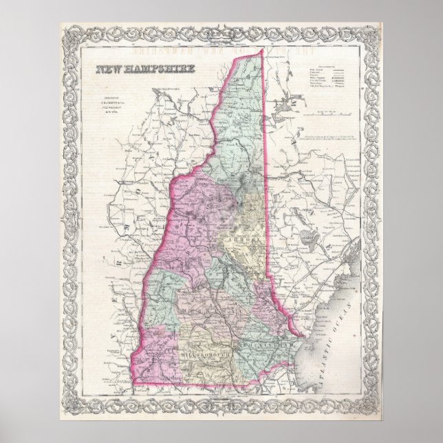 Póster Mapa de época de New Hampshire (1855) (Frente)
