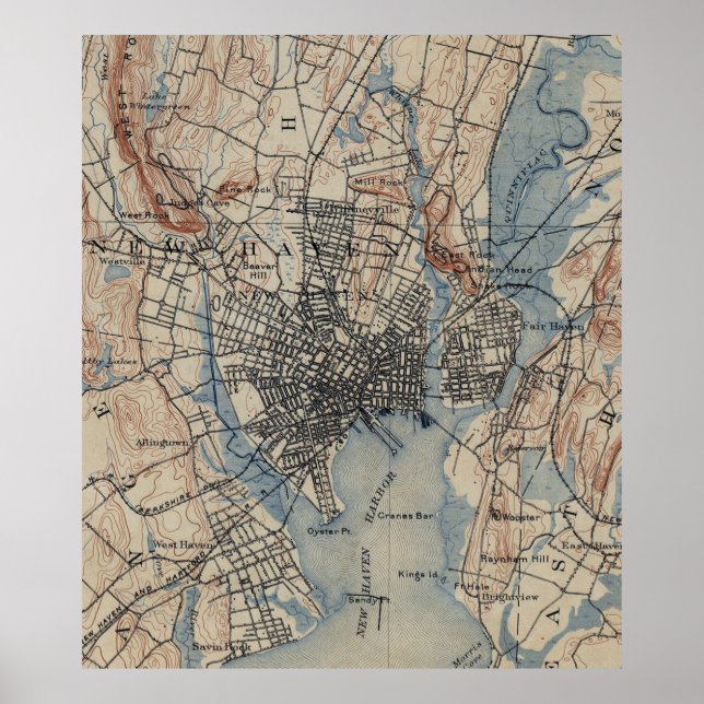 Póster Mapa de época de New Haven Connecticut (1890) (Frente)