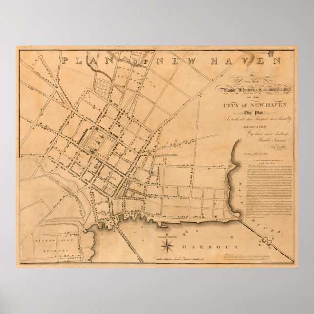 Póster Mapa de época de New Haven CT (1827) (Frente)