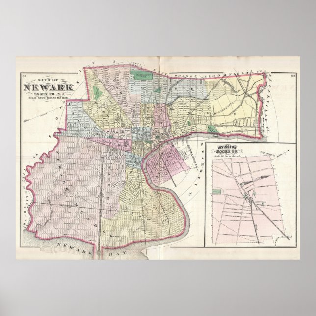 Póster Mapa de época de Newark NJ (1872) (Frente)
