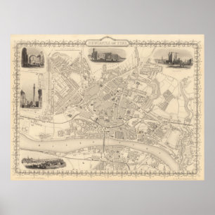 Póster Mapa de época de Newcastle England (1851)