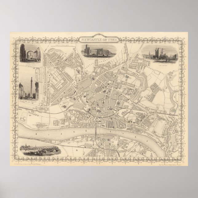 Póster Mapa de época de Newcastle England (1851) (Frente)