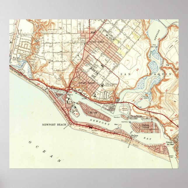 Póster Mapa de época de Newport Beach California (1951) (Frente)