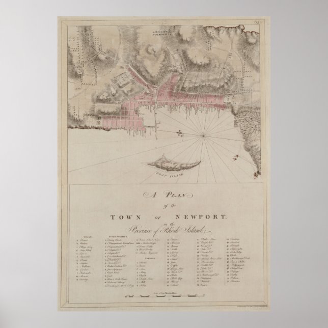 Póster Mapa de época de Newport RI (1781) (Frente)