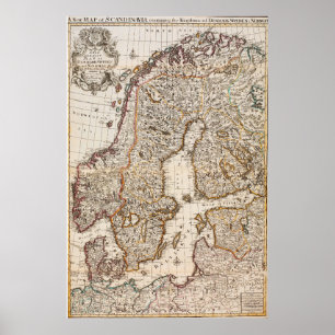 Póster Mapa de época de Noruega y Suecia (1717)