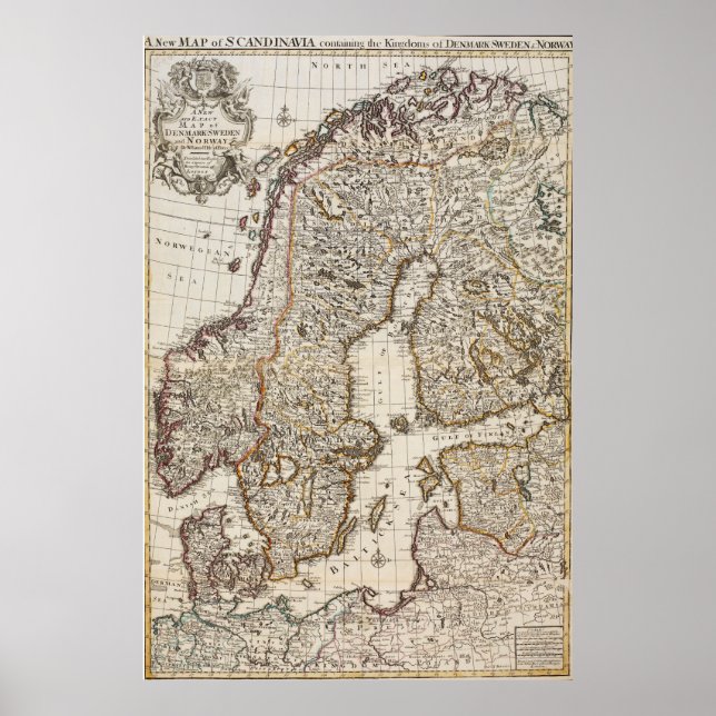 Póster Mapa de época de Noruega y Suecia (1717) (Frente)