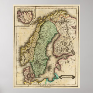 Póster Mapa de época de Noruega y Suecia (1831)