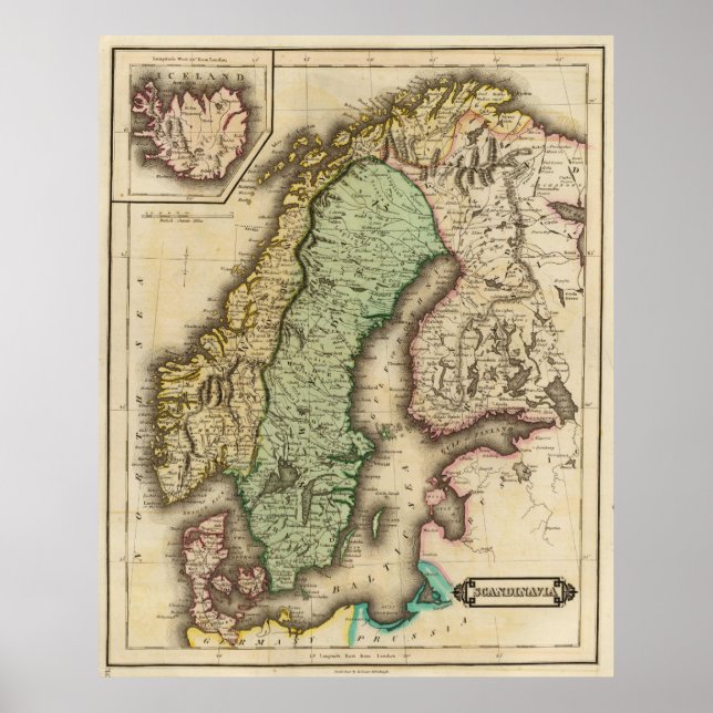 Póster Mapa de época de Noruega y Suecia (1831) (Frente)
