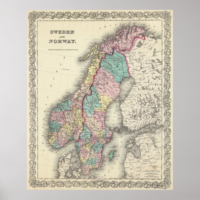Póster Mapa de época de Noruega y Suecia (1856) (Frente)