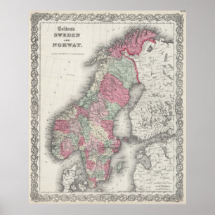 Póster Mapa de época de Noruega y Suecia (1865)
