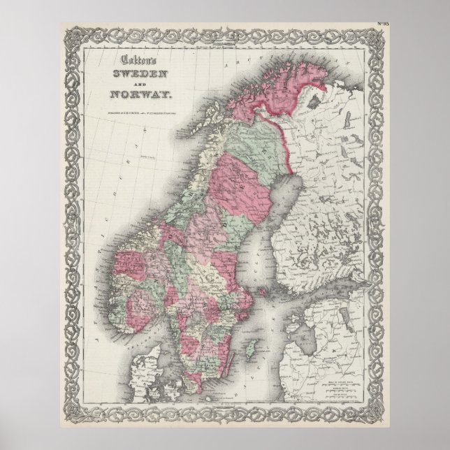 Póster Mapa de época de Noruega y Suecia (1865) (Frente)