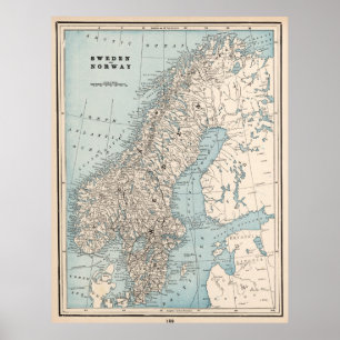 Póster Mapa de época de Noruega y Suecia (1893)