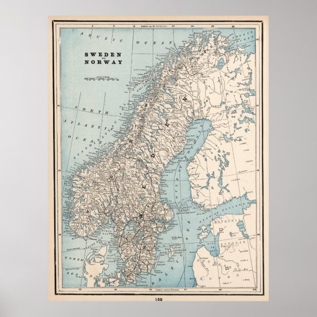 Póster Mapa de época de Noruega y Suecia (1893) (Frente)