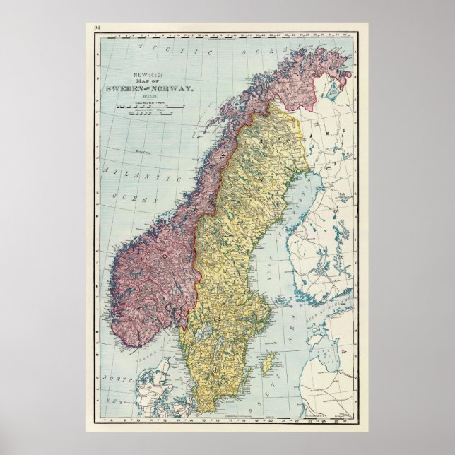 Póster Mapa de época de Noruega y Suecia (1895) (Frente)