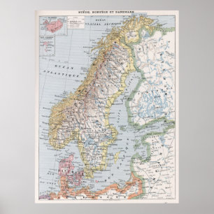 Póster Mapa de época de Noruega y Suecia (1900)