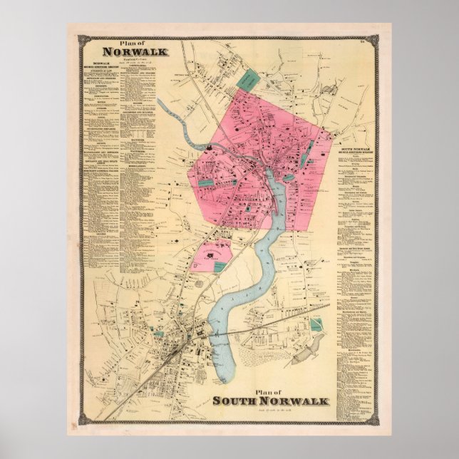 Póster Mapa de época de Norwalk CT (1867) (Frente)