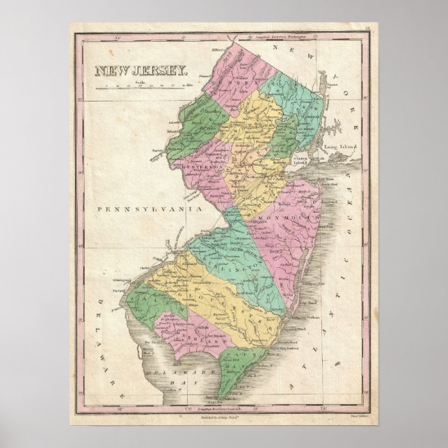 Póster Mapa de época de Nueva Jersey (1827) (Frente)
