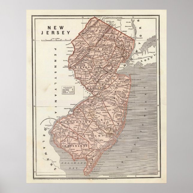 Póster Mapa de época de Nueva Jersey (1845) (Frente)