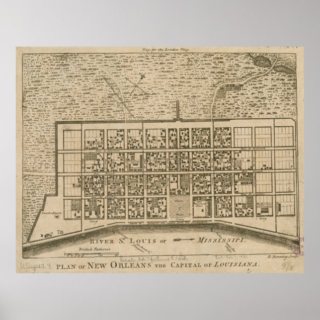 Póster Mapa de época de Nueva Orleans LA (1761) (Frente)