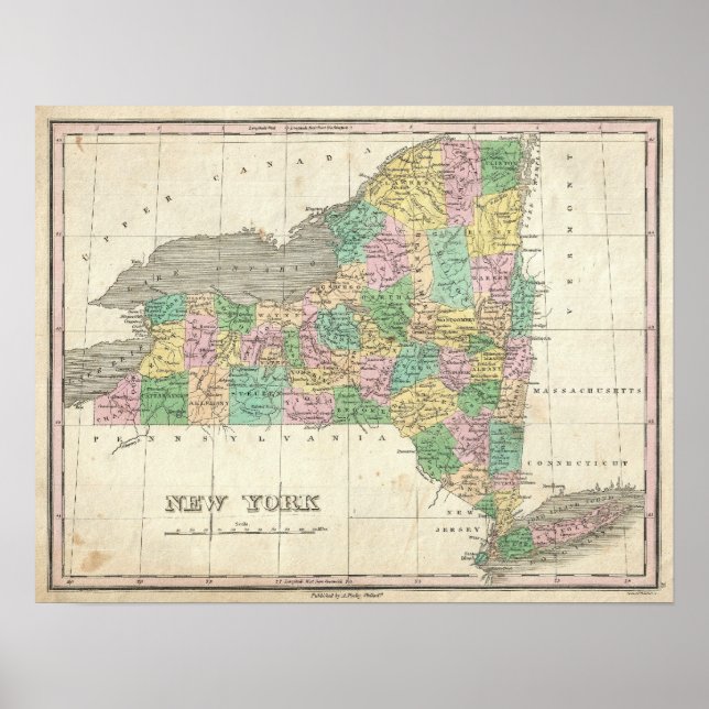 Póster Mapa de época de Nueva York (1827) (Frente)