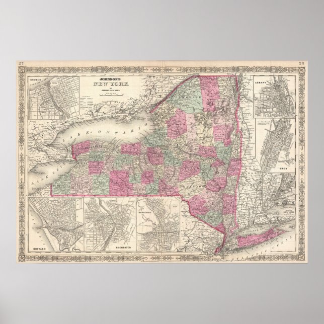 Póster Mapa de época de Nueva York (1864) (Frente)