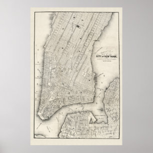 Póster Mapa de época de Nueva York y Brooklyn, 1860