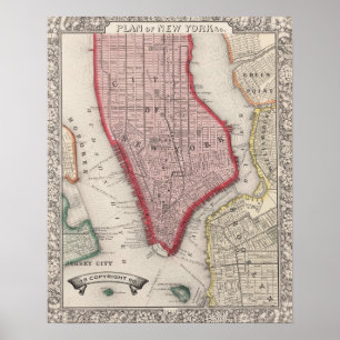 Póster Mapa de época de Nueva York y Brooklyn 1860