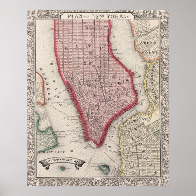 Póster Mapa de época de Nueva York y Brooklyn 1860 (Frente)