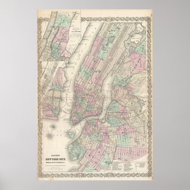 Póster Mapa de época de Nueva York y Brooklyn (1865) (Frente)