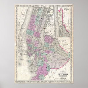 Póster Mapa de época de Nueva York y Brooklyn (1866)