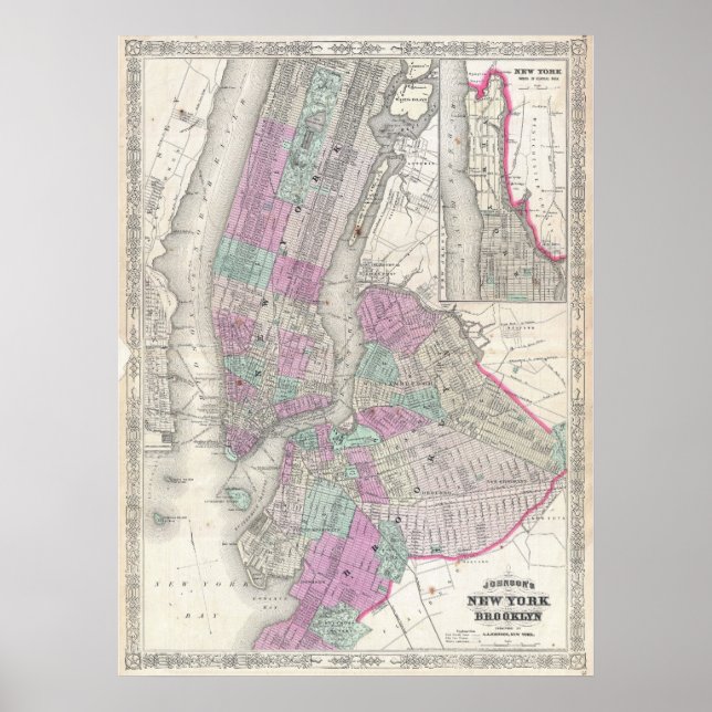Póster Mapa de época de Nueva York y Brooklyn (1866) (Frente)