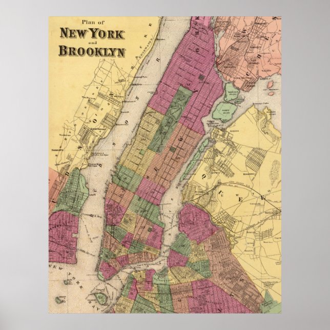 Póster Mapa de época de Nueva York y Brooklyn (1868) (Frente)