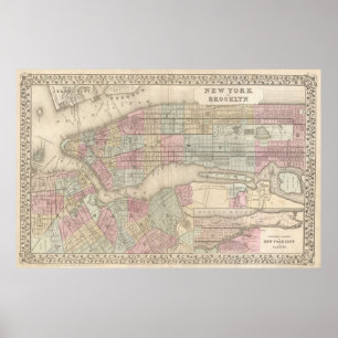 Póster Mapa de época de Nueva York y Brooklyn (1882)