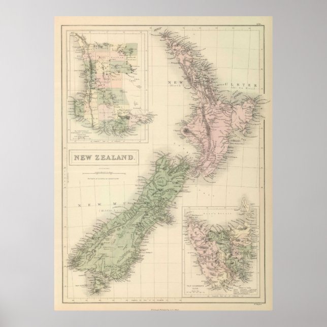 Póster Mapa de época de Nueva Zelanda (1854) (Frente)