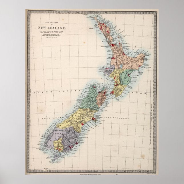 Póster Mapa de época de Nueva Zelanda (1865) (Frente)
