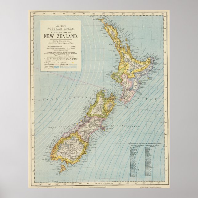 Póster Mapa de época de Nueva Zelanda (1883) (Frente)