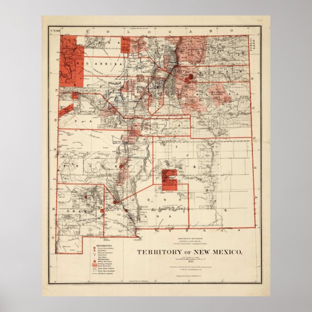 Póster Mapa de época de Nuevo México (1882) (Frente)