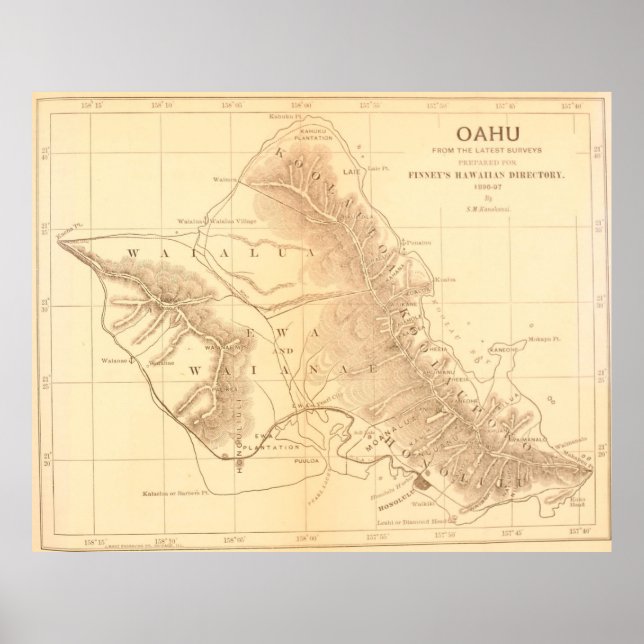 Póster Mapa de época de Oahu Hawaii (1901) (Frente)