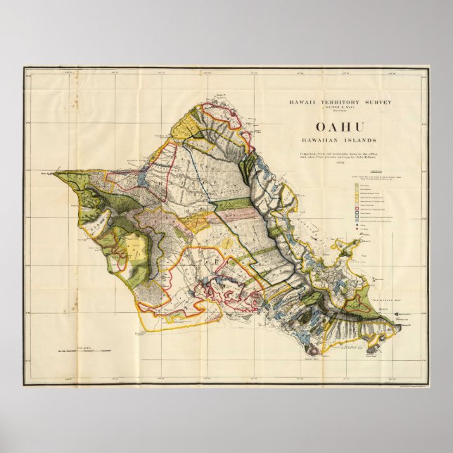 Póster Mapa de época de Oahu Hawaii (1906) (Frente)