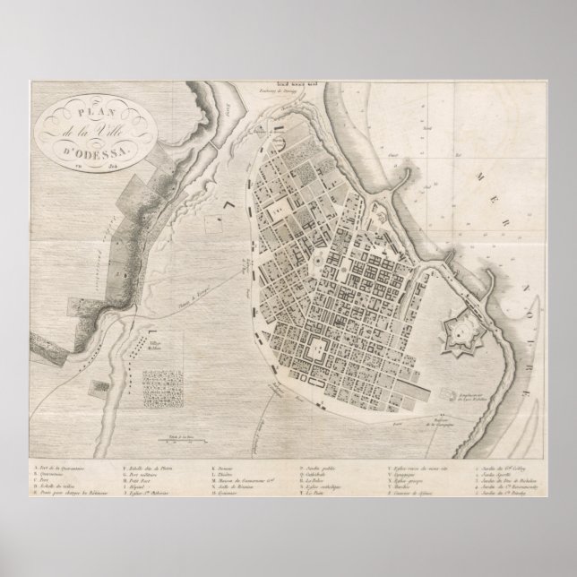 Póster Mapa de época de Odessa Ucrania (1827) (Frente)