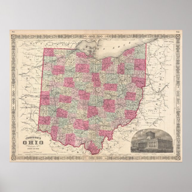 Póster Mapa de época de Ohio (1864) (Frente)
